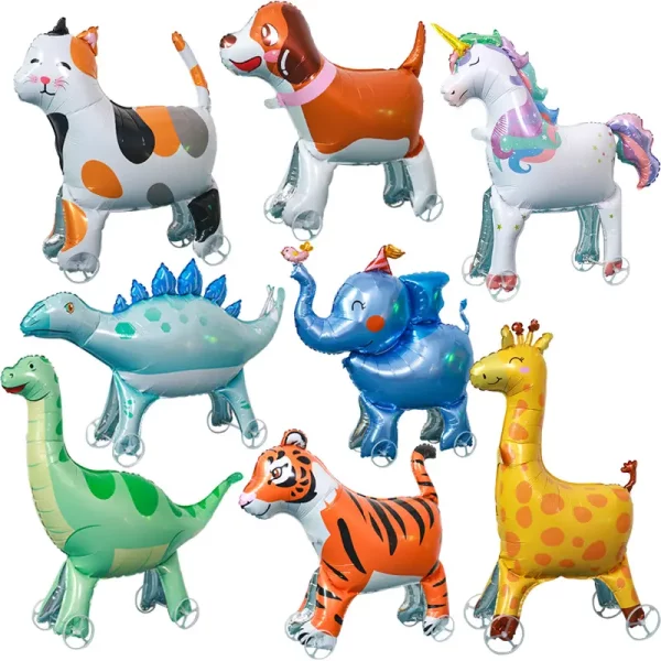 3d Cartoon Standing Balloon Giraffe Tiger Flower Cat With Wheels Balloons Wheeled Animal Balloon Party Decoration Supplies