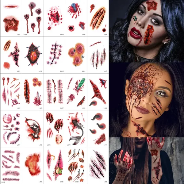 Waterproof Halloween Scars Tattoo Non-toxic Temporary Stickers Halloween Terror Realistic Stitched Wounds Injury Body Makeup Toy