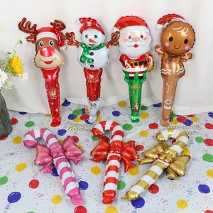 Christmas Foil Balloons Christmas Party Cartoon Handheld Balloons Gingerbread Man Santa Claus Walking Stick Navidad Decoration