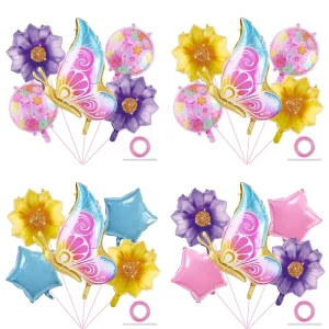 Side Flying Butterfly Ladybug Flower Aluminum Film Balloon Bundle Set For Girls' Birthday Party Background Decoration